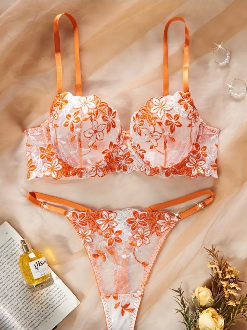 Orange Floral Lace Underwire Bra & Thong Set
